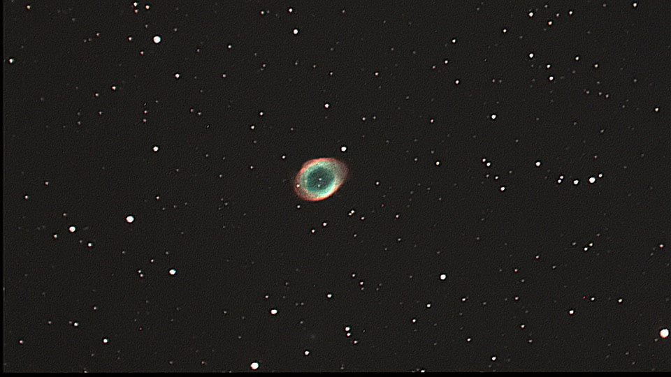M57, 4 averaged frames of 3 seconds, F/5 16" SCT. No darks, no flats, no bias frames. Processed in MallinCamSKY
